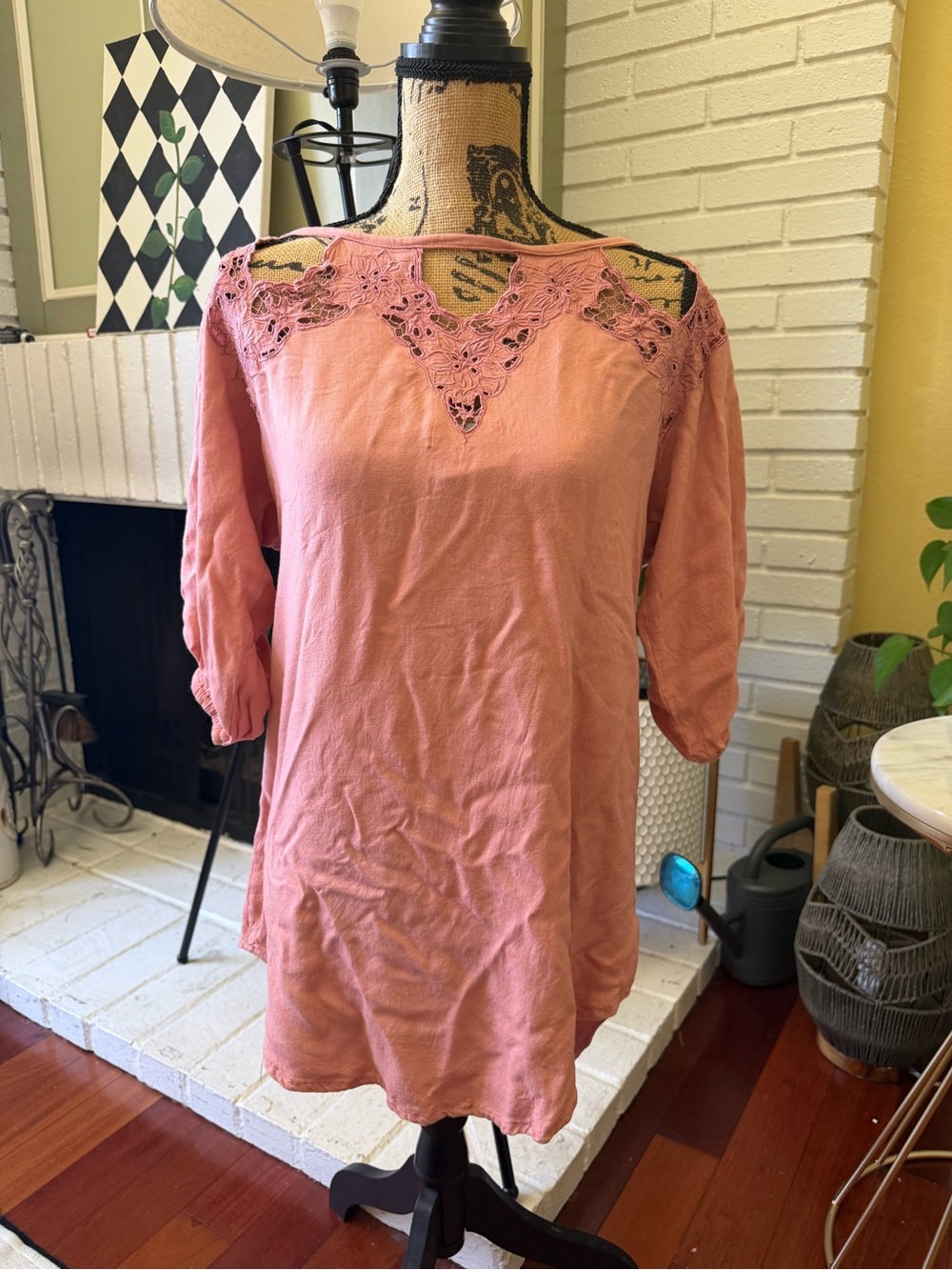 Tiare Hawaii Coral Pink Crochet Yoke Tunic